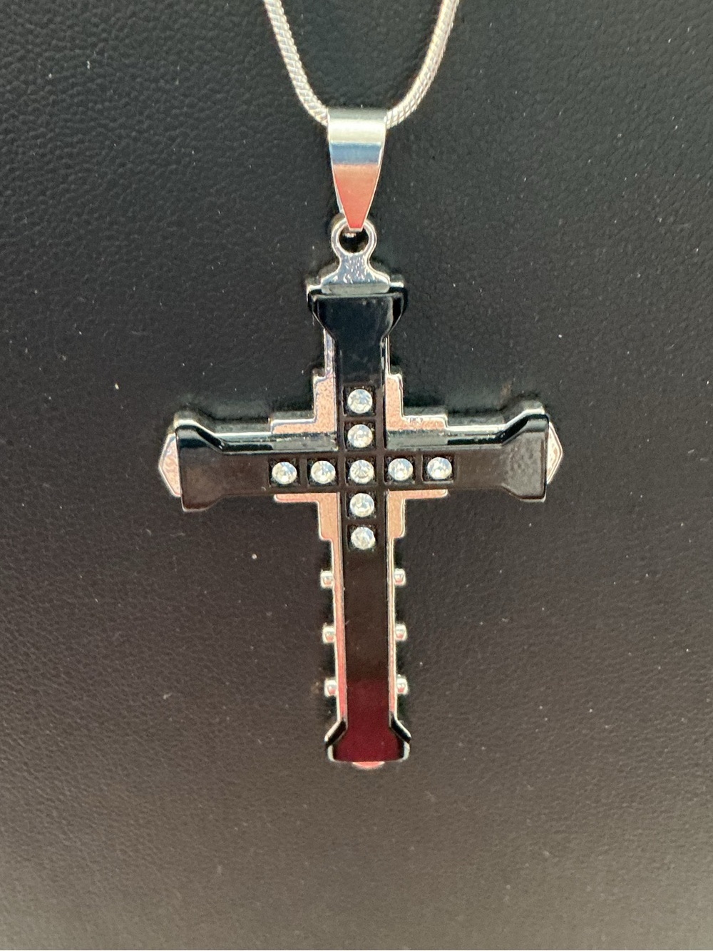 Black Agate and Rhinestone Latin Cross Silver Tone Pendant Necklace - Picture 2 of 4